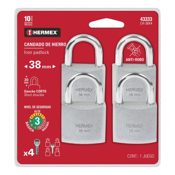 Set 4 Candados Hermex 38mm (4 Llaves) Gancho Corto