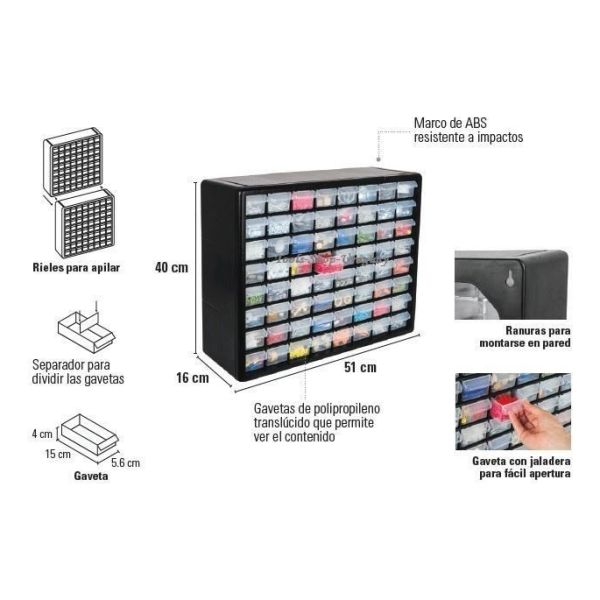 Organizador 64 Gabetas Para Colgar O Apilables Truper Org-64 - Imagen 2
