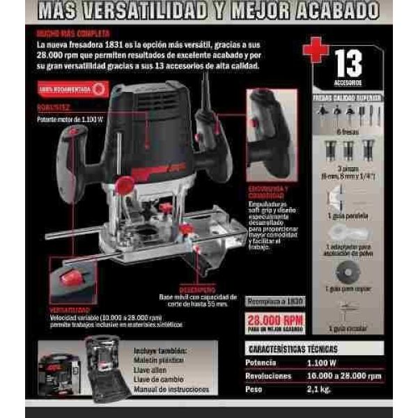 Fresadora Router 1/4 1100w 28000rpm Maletín Acces. Skil 1831 - Imagen 3