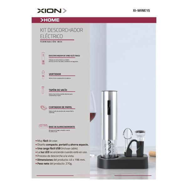 Kit Descorchador Sacacorcho Eléctrico Recargable Xion Kirkor - Imagen 2