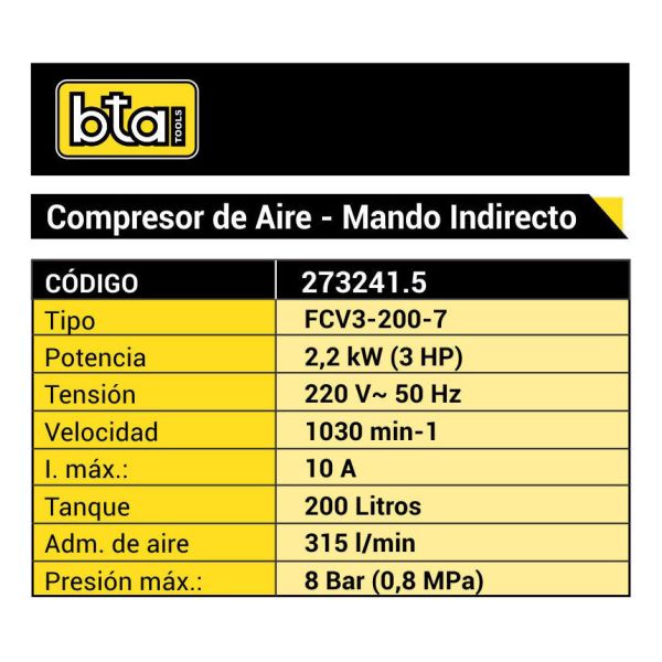 Compresor Bta 3hp 200 Litros 220v Industrial - Imagen 2