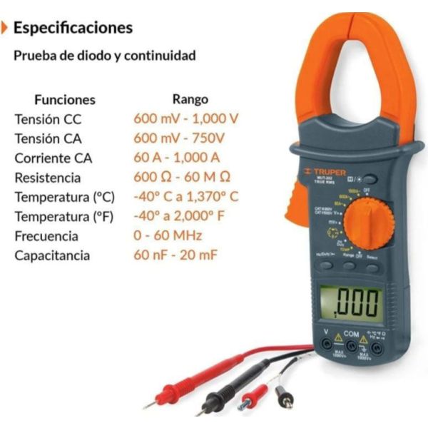 Tester Multimetro Digital Pinza Amperimetrica Truper Mut-202 - Imagen 3