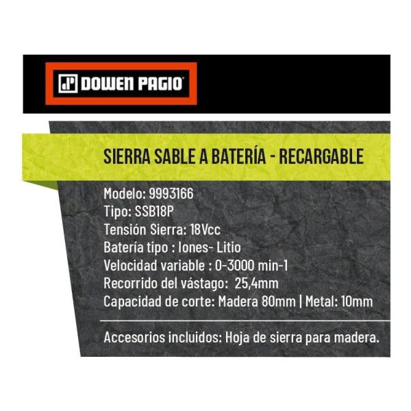 Sierra Sable + Bateria 18v Dowen Pagio Flex One Madera Metal - Imagen 5