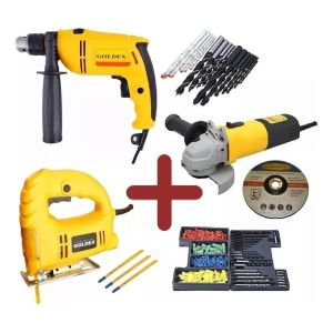 Kit Amoladora+taladro+ Sierra Caladora+309 Accesorios Goldex