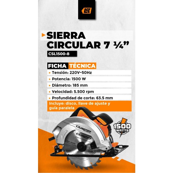 Sierra Circular Eléctrica Lüsqtoff Csl1500-8 185mm 1500w - Imagen 2