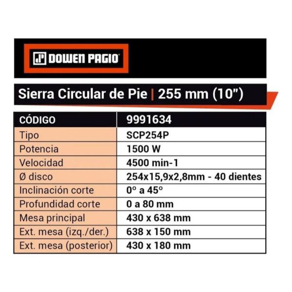 Sierra Circular De Pie Dowen Pagio Mesa Banco 1500w 254 Mm - Imagen 2