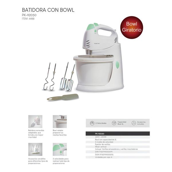 Batidora Punktal Pk-92050 300w Bowl De 3l Con Giro Automátic - Imagen 4