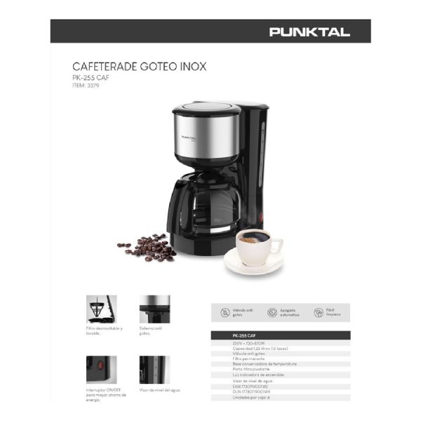 Cafetera Punktal Inox 12 Tazas 1.25l Filtro Permanente Color - Imagen 4