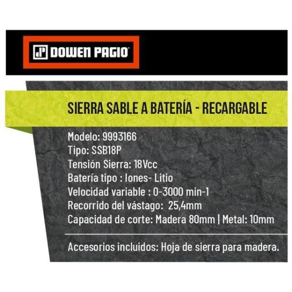 Sierra Sable + Bateria 18v Dowen Pagio Flex One Madera Metal - Imagen 5