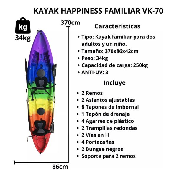 Kayak Familiar Con Accesorios 370x86x42cm Happiness Vk-70 - Imagen 4