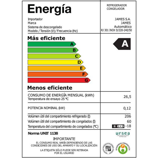 Heladera James Rj 301 Inox D 266lts Firo Seco Con Dispensado - Imagen 5