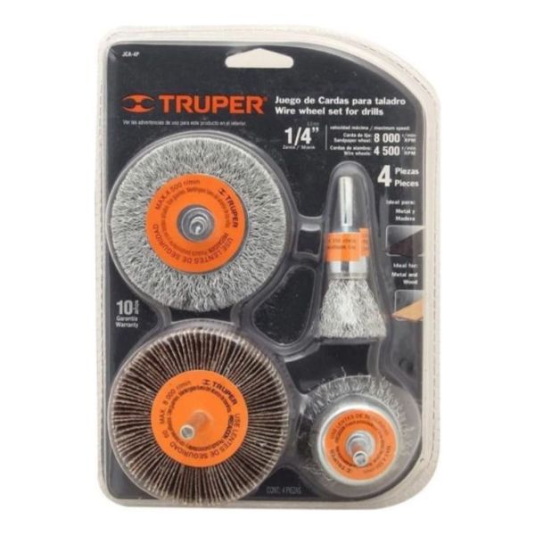 Set 4 Cepillos Cardas Alambre Lija Para Taladro Truper Kirko