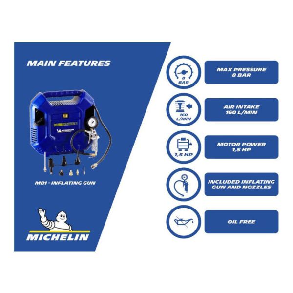 Mini Compresor Aire Portatil 1.5hp Michelin 8bar 116psi Kirk - Imagen 2