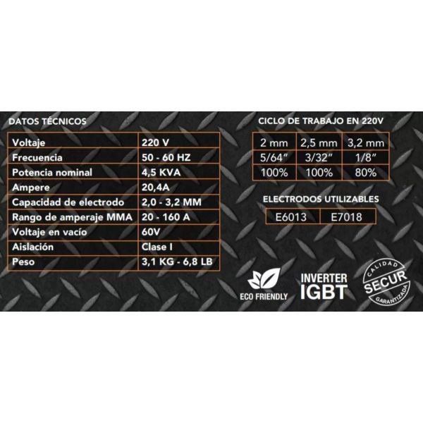Soldadora Inverter Electrodo 160 A Profesional Secur Kirkor - Imagen 2