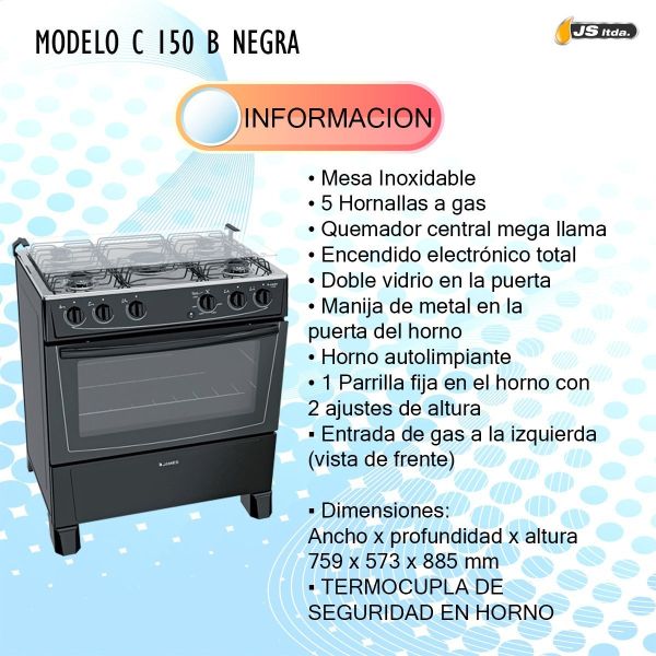 Cocina James C 150 B Negra Super Gas 5 Hornallas Kirkor - Imagen 2