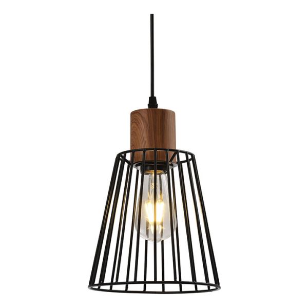 Colgante Cónico Reja Metal Negro/madera E27 O20cm