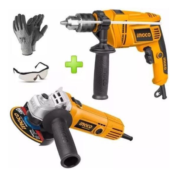 Kit Taladro Percutor 650w + Amoladora 710w + Guantes + Lente