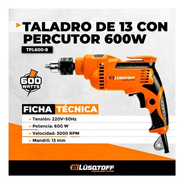 Taladro Con Percutor 600w 13mm Lusqtoff - Imagen 2