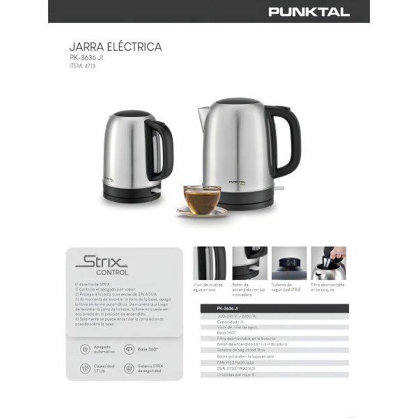 Jarra Eléctrica Hervidor Agua 1.7 Lts. Acero Inox Punktal Pk - Imagen 3