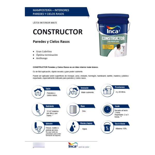 Pintura Interior Latex Antihongos Inca Constructor 4kg - Imagen 2