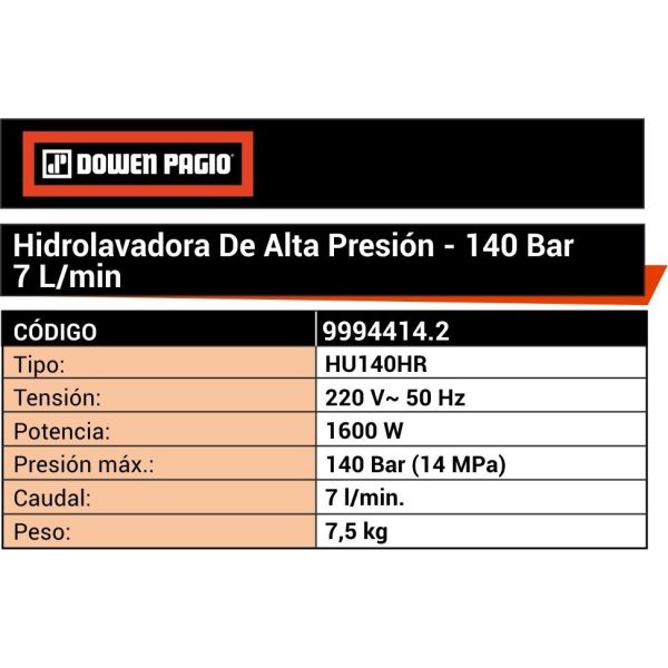 Hidrolavadora Dowen Pagio 140 Bar 7l X Min - Kirkor - Imagen 3