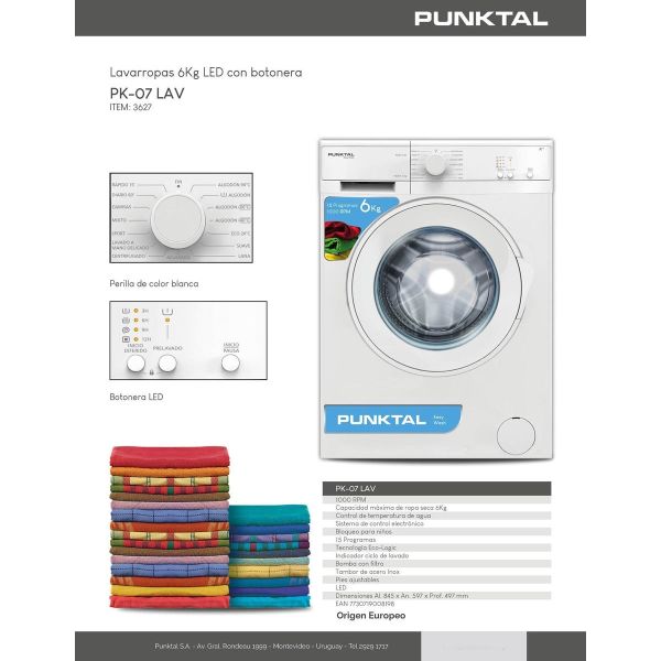 Lavarropas Punktal Pk-07 Lav 6kg Blanco 1000 Rpm Kirkor - Imagen 2