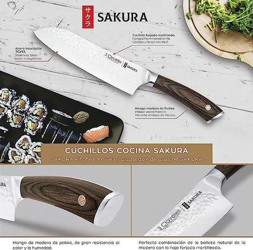 Cuchillo Santoku 17.5cm Sakura 3 Claveles Madera - Imagen 3