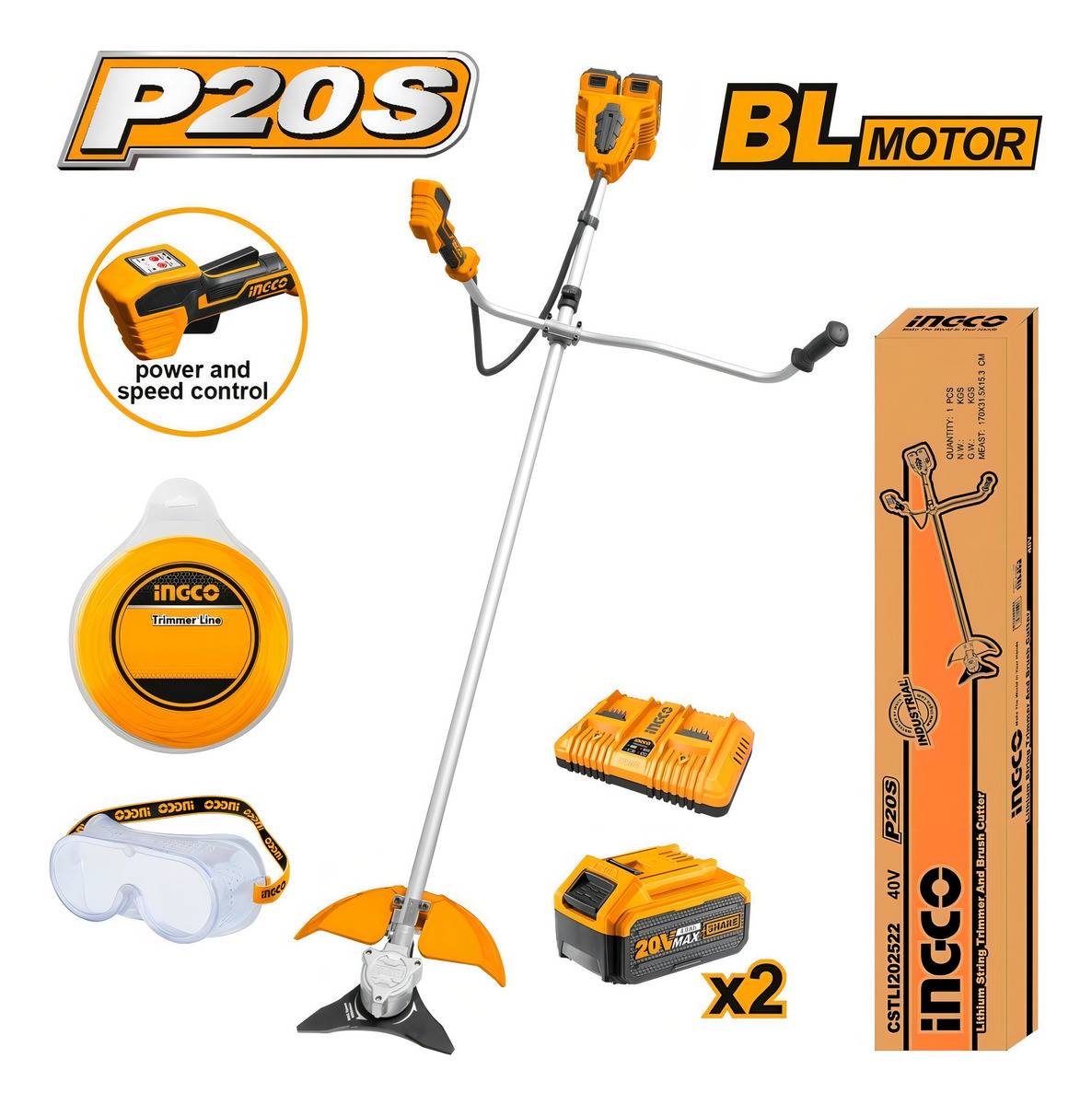 Desmalezadora P20s 20v 2 Bat 4ah Cargador Cstli202522 Ingco Color Amarillo - Imagen 2