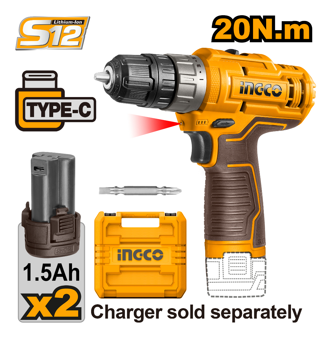 Taladro Atornillador Usb C Ingco Cdli12202 2 Baterías Maleta Amarillo - Imagen 6