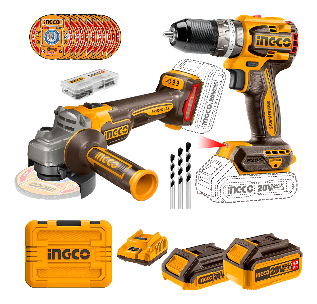 Combo Ingco Atornillador Percutor + Amoladora 20v + Accesori
