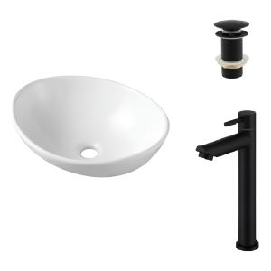 Bacha Apoyo Loza Oval Blanca + Monocomando Negro + Tip Top