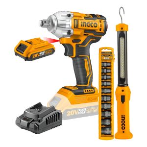 Llave De Impacto 20v 2 Baterías Sin Carbones Ingco + Acceso. Color Amarillo