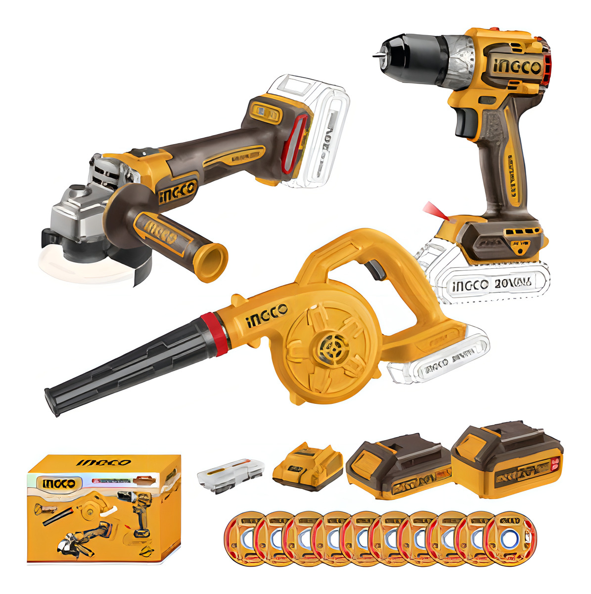 Kit Ingco A Batería P20s 20v Amoladora Taladro Sopladora Ub
