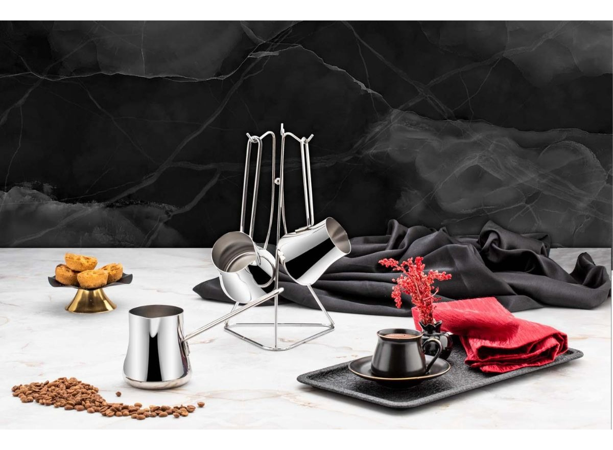 Jarrito Acero Inox Para Cafe Turco X 3 + Soporte Evimsaray - Imagen 3