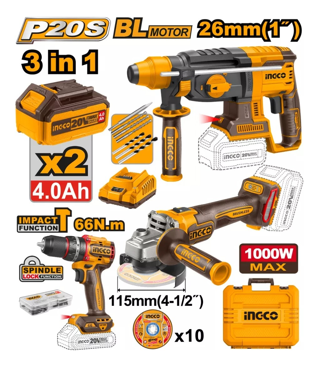 Kit Taladro + Amoladora + Rotomartillo Ingco Cosli241198 - Imagen 2