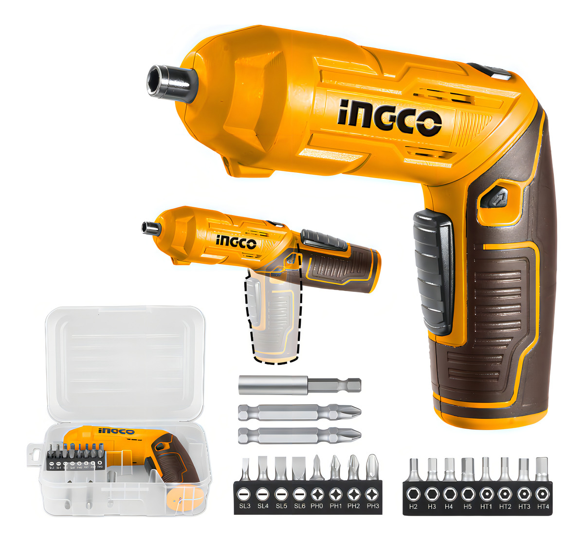 Atornillador Inalámbrico Ajustable Con Accesorios Ingco Naranja Claro