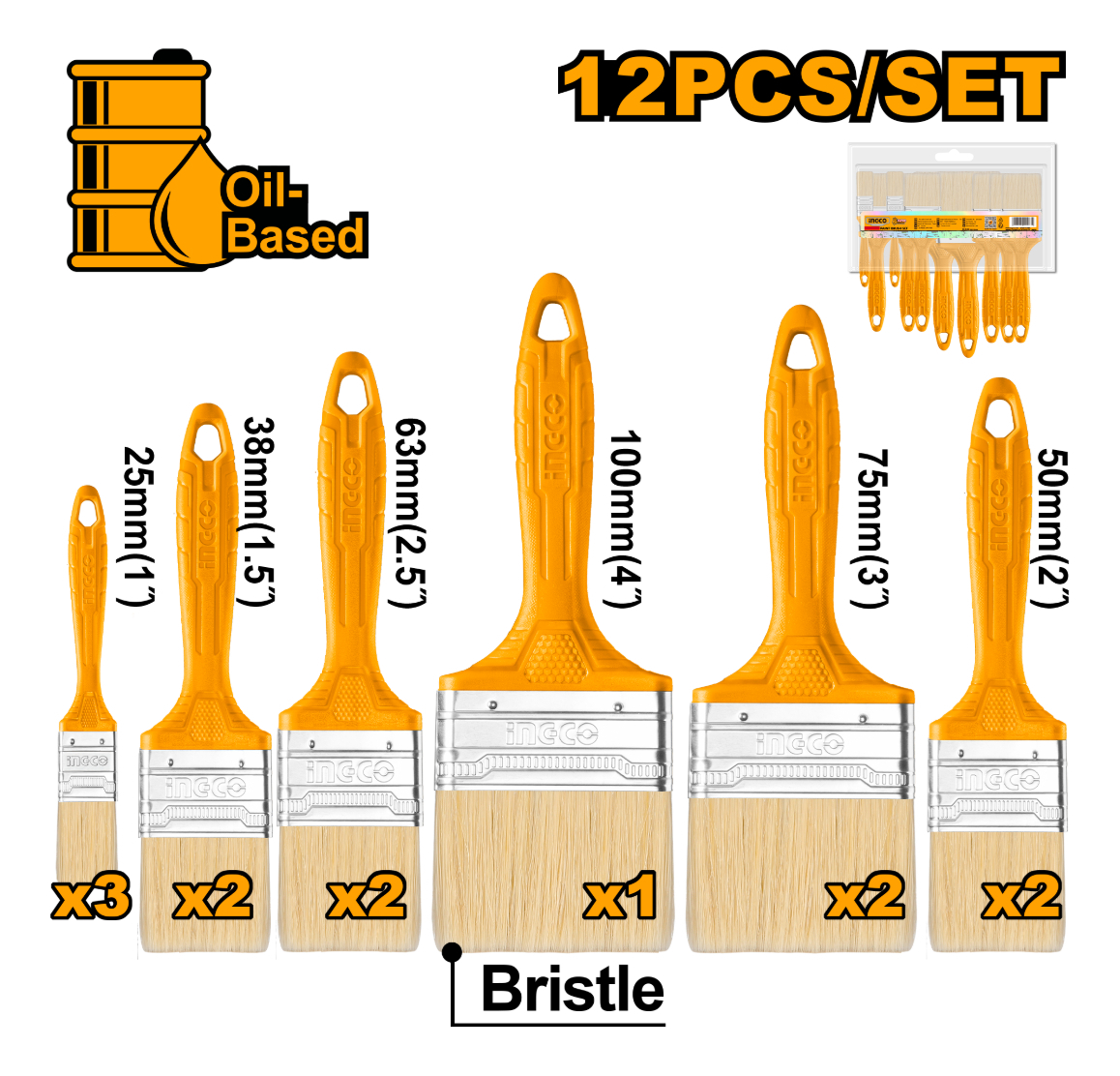 Set X12 Pinceles Mango Plástico Ingco Chptb78601201 - Imagen 2