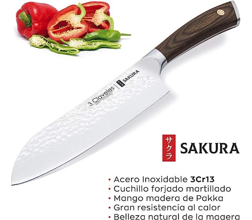 Cuchillo Santoku 17.5cm Sakura 3 Claveles Madera - Imagen 2