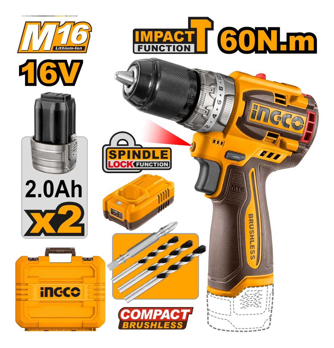 Taladro Atornillador Percutor 16v C/2 Bat Ingco Cidli16682 - Imagen 2