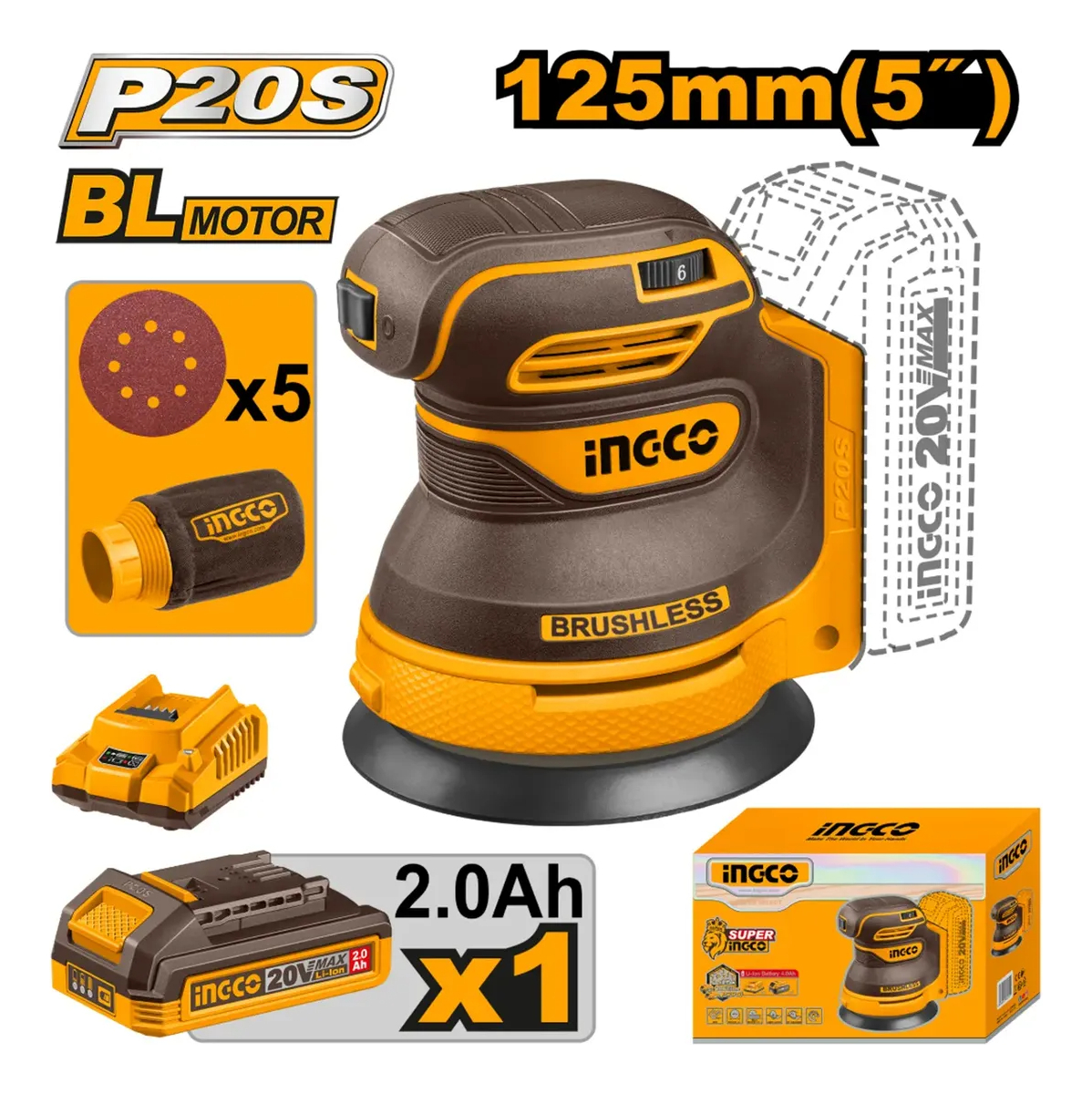 Lijadora Roto Orbital Bateria Ingco 20v 5 Lijas Accesorios - Imagen 2