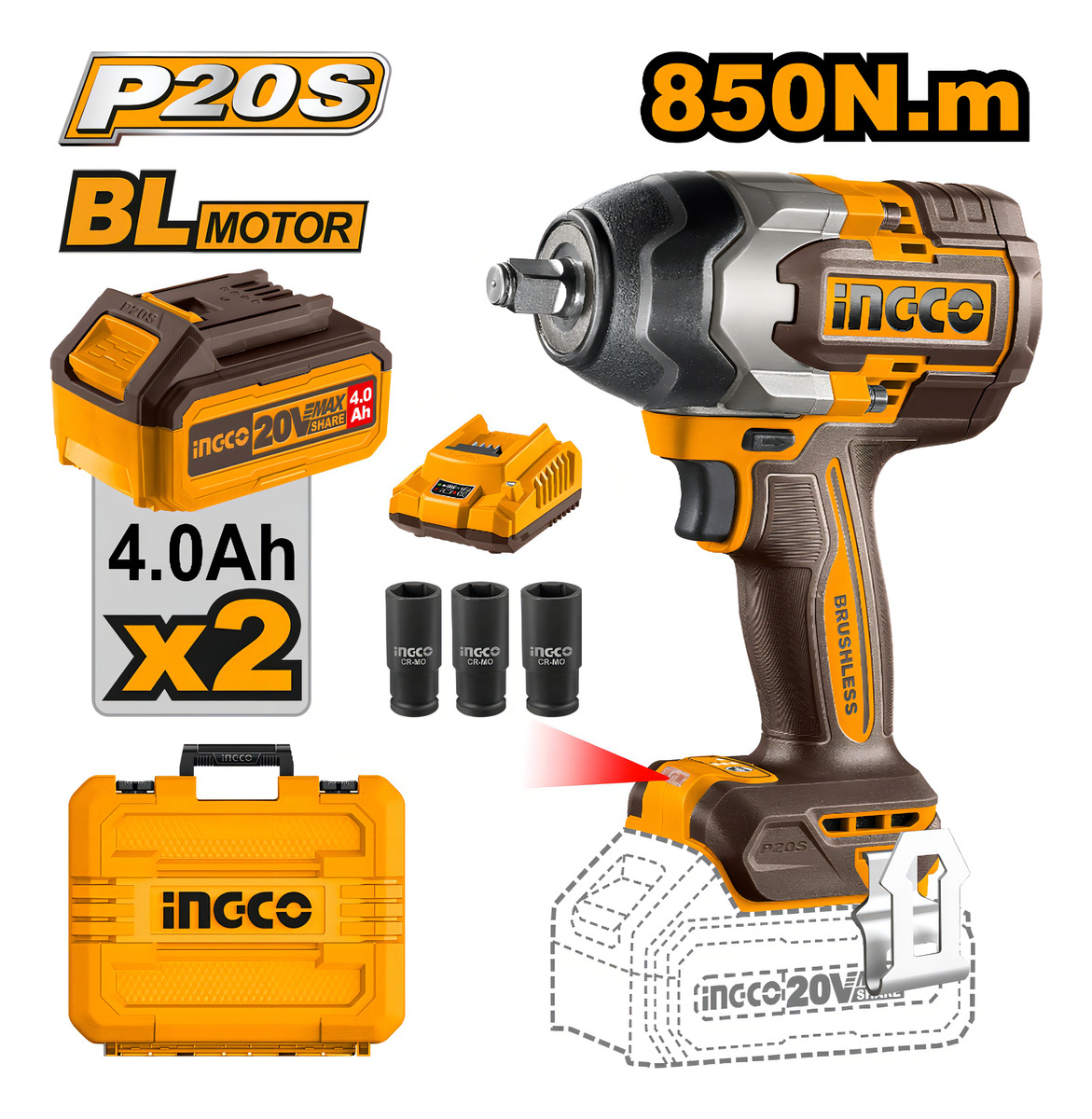 Llave De Impacto 850nm 20v P20s C 2bat+carg+valija Color Naranja Claro Frecuencia 50hz/60hz