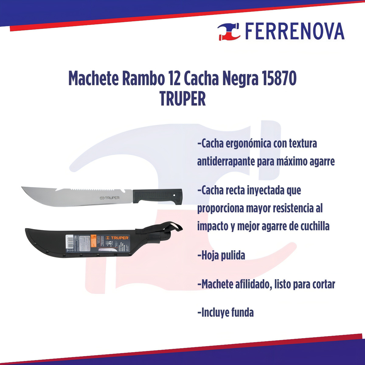 Machete Rambo 12' Cacha Inyectada Negra, Con Funda, Truper - Imagen 4