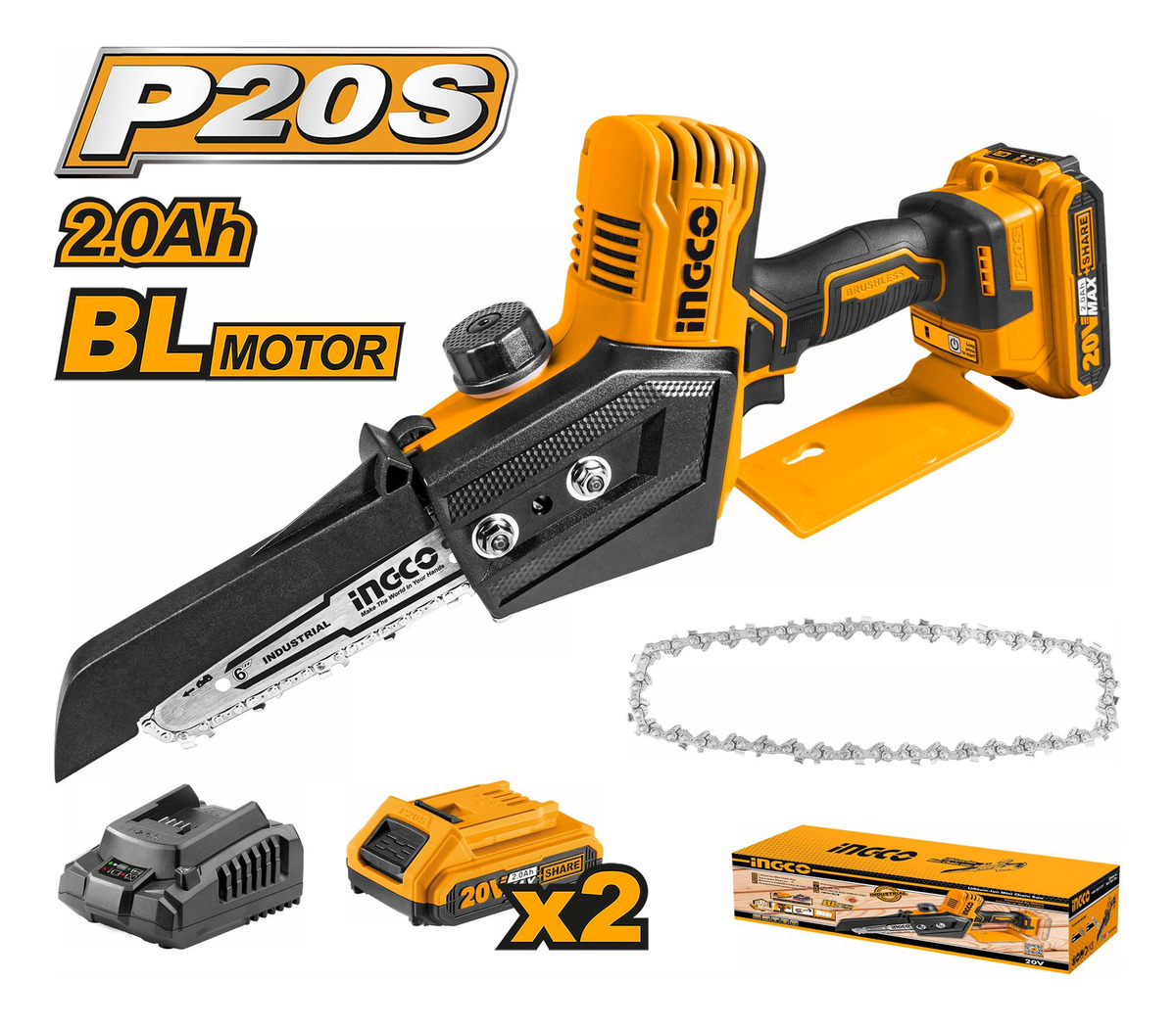Mini Motosierra 20v C/2 Baterías Y Cargador Ingco Kirkor - Imagen 2