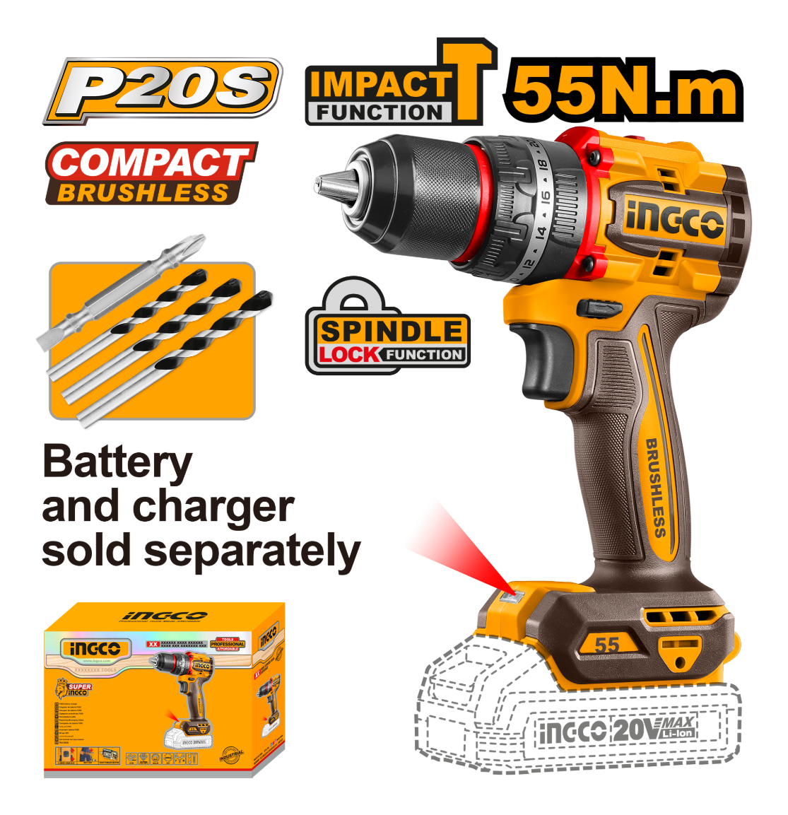 Taladro Atornillador Percutor A Bateria 20v Con Accesorios, - Imagen 2