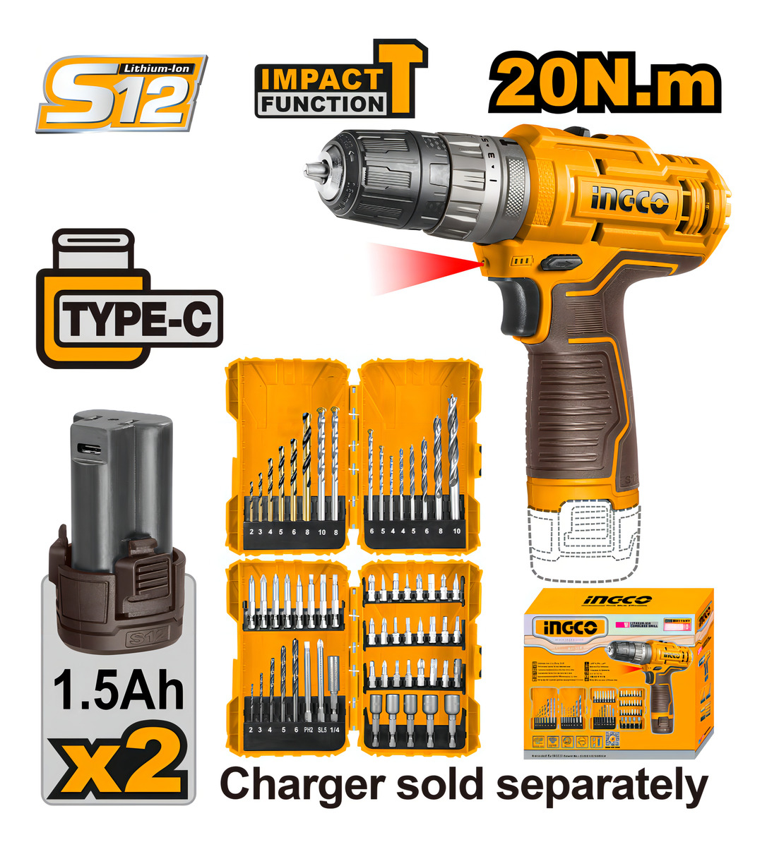 Kit Atornillador A Bateria Percutor 20nm + Set De Mechas Color Amarillo - Imagen 2