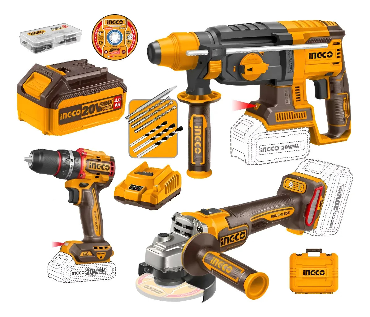 Kit Taladro + Amoladora + Rotomartillo Ingco Cosli241198