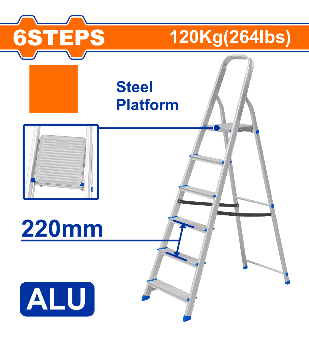 Escalera Familiar Aluminio 6 Escalones 120 Kg Wadfow Wld3h06 - Imagen 2