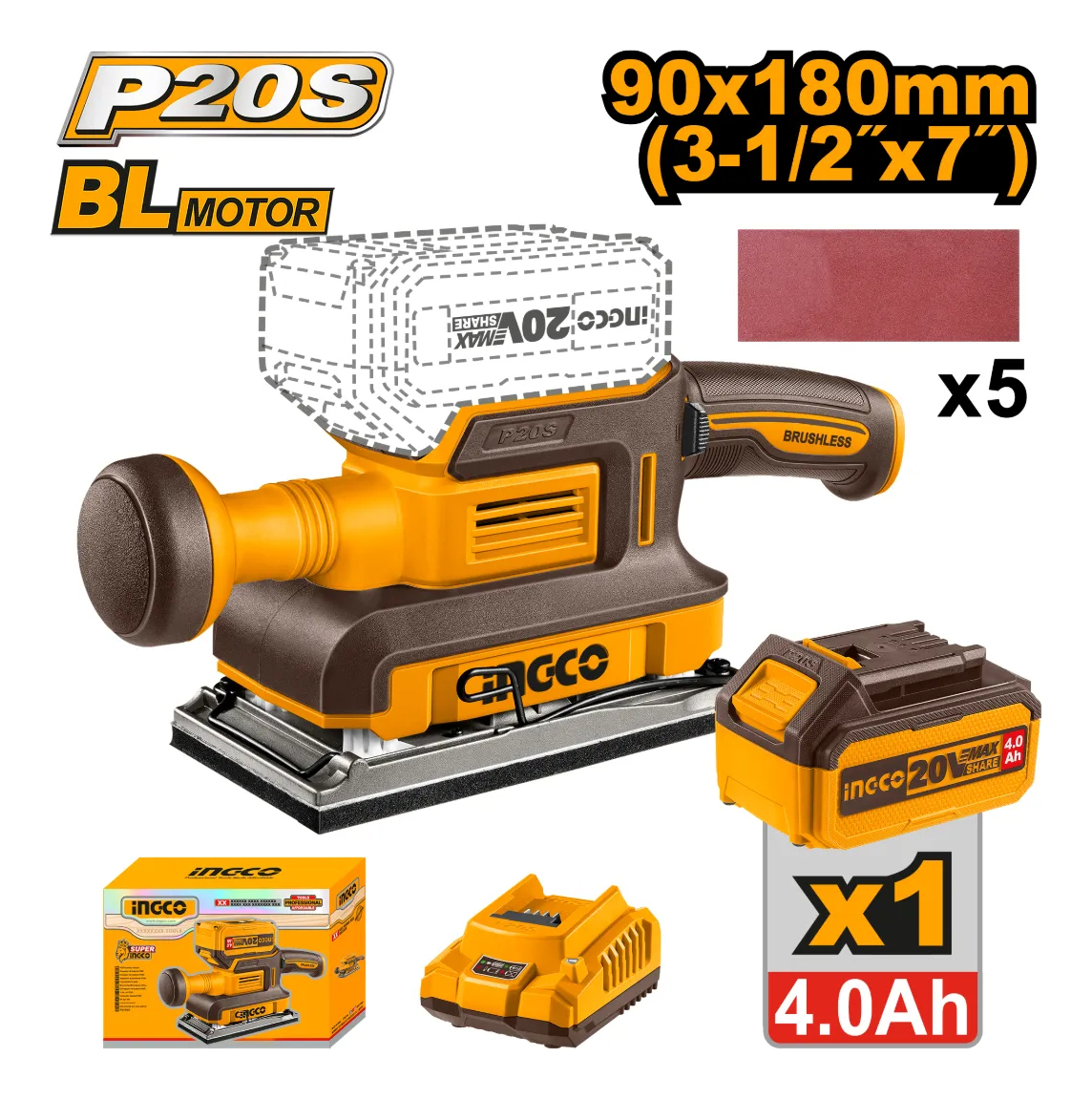 Lijadora Orbital Brushless C/batcar 5 Lijas Ingco Cfsli20311 - Imagen 2