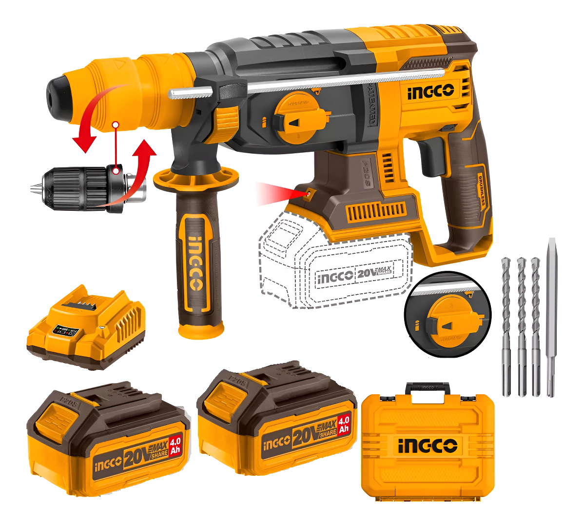 Rotomartillo 20v P20s 26mm 4 Funciones C Adaptador Ingco - Imagen 2