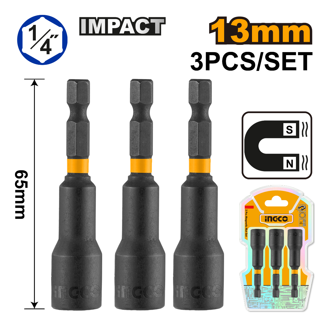 Set X 3 Adaptador Impacto Imantado 13mm 1/4 65mm Ingco - Imagen 2